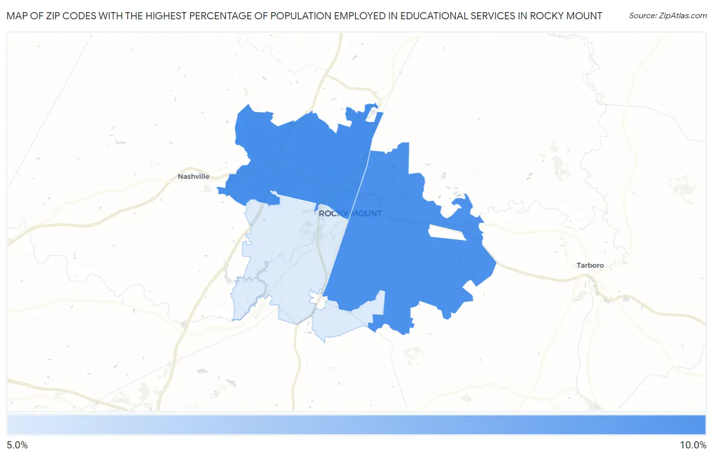 Zip Codes with the Highest Percentage of Population Employed in Educational Services in Rocky Mount Map