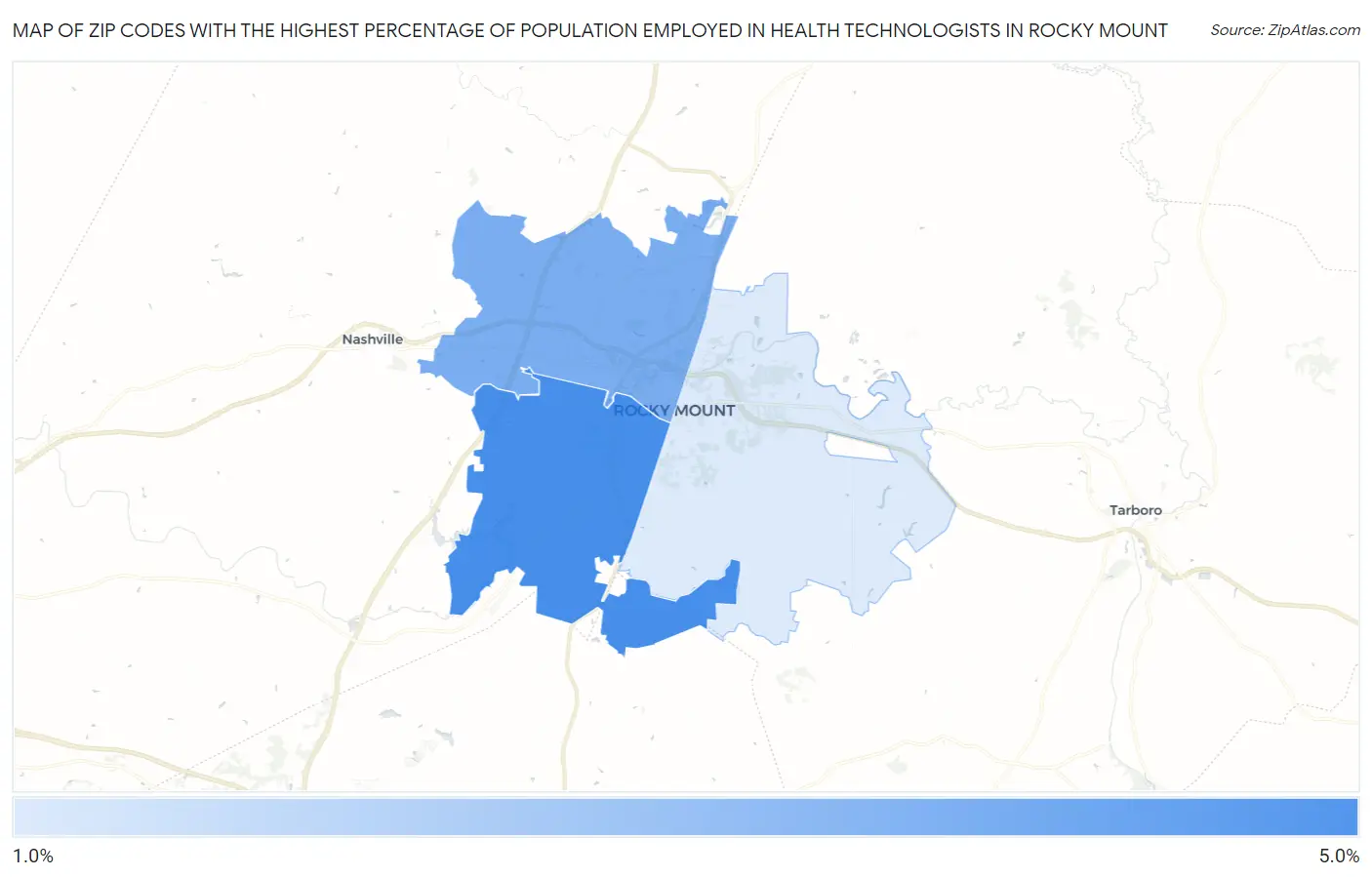 Zip Codes with the Highest Percentage of Population Employed in Health Technologists in Rocky Mount Map