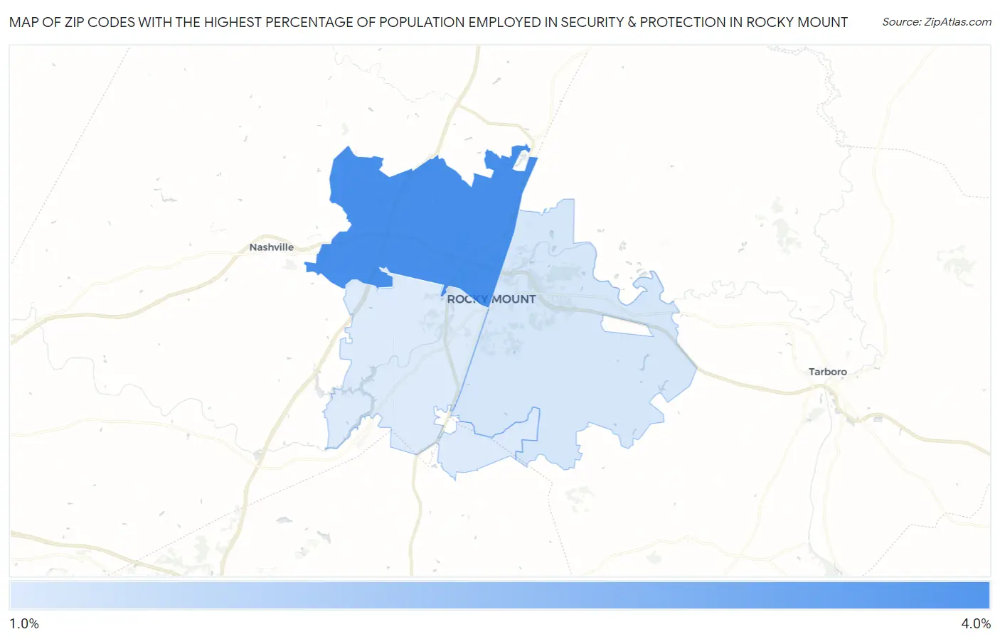 Zip Codes with the Highest Percentage of Population Employed in Security & Protection in Rocky Mount Map