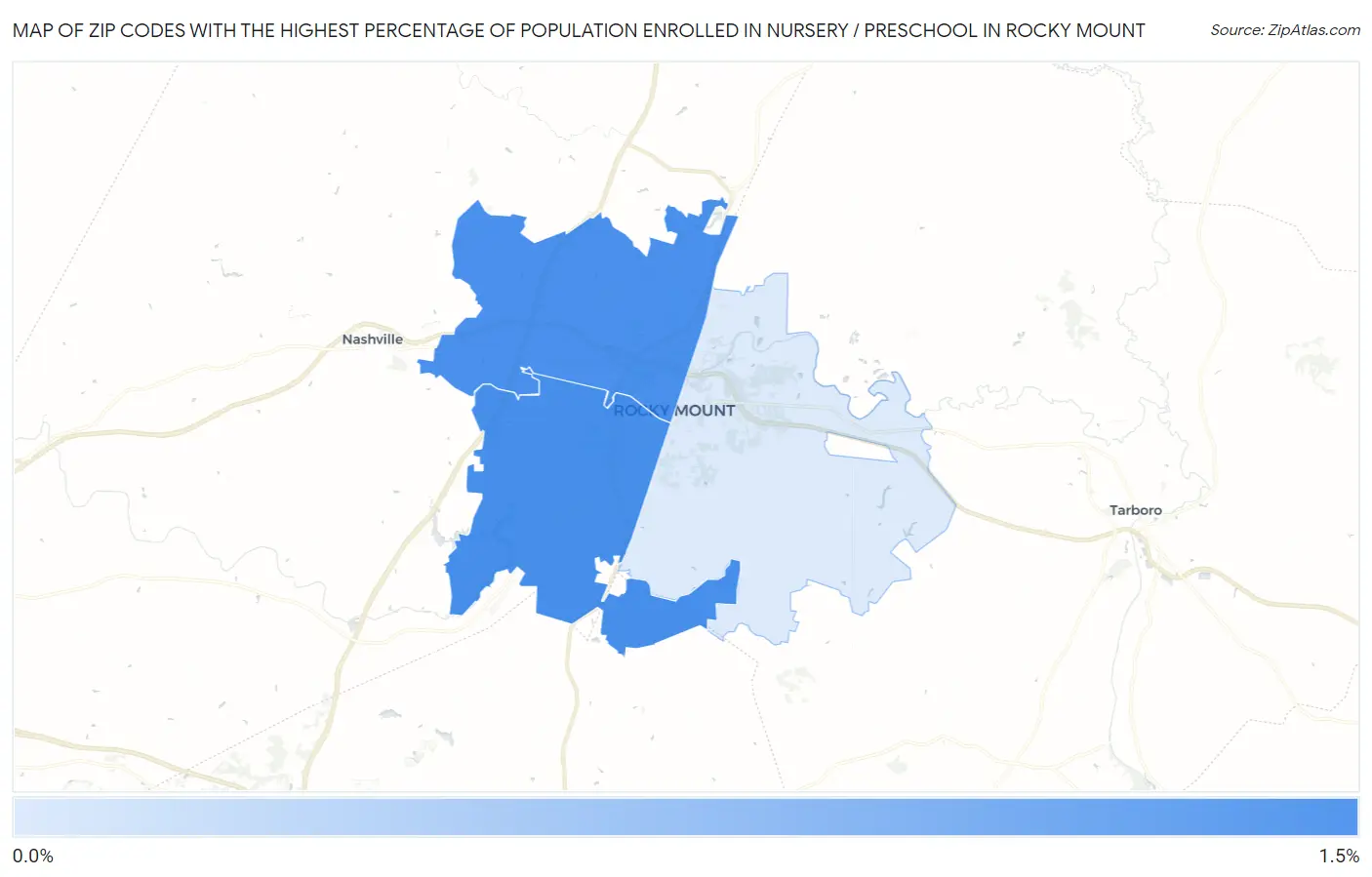 Zip Codes with the Highest Percentage of Population Enrolled in Nursery / Preschool in Rocky Mount Map