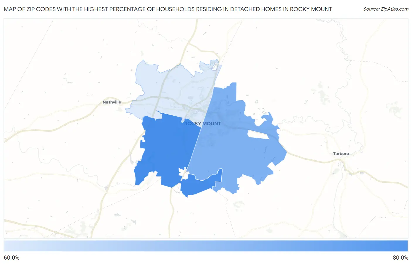 Zip Codes with the Highest Percentage of Households Residing in Detached Homes in Rocky Mount Map