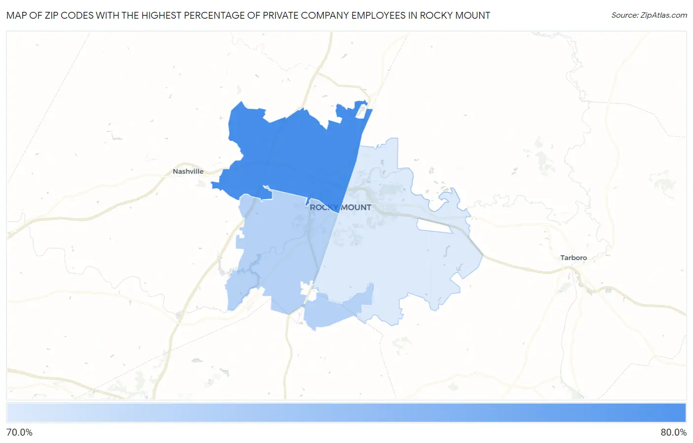 Zip Codes with the Highest Percentage of Private Company Employees in Rocky Mount Map