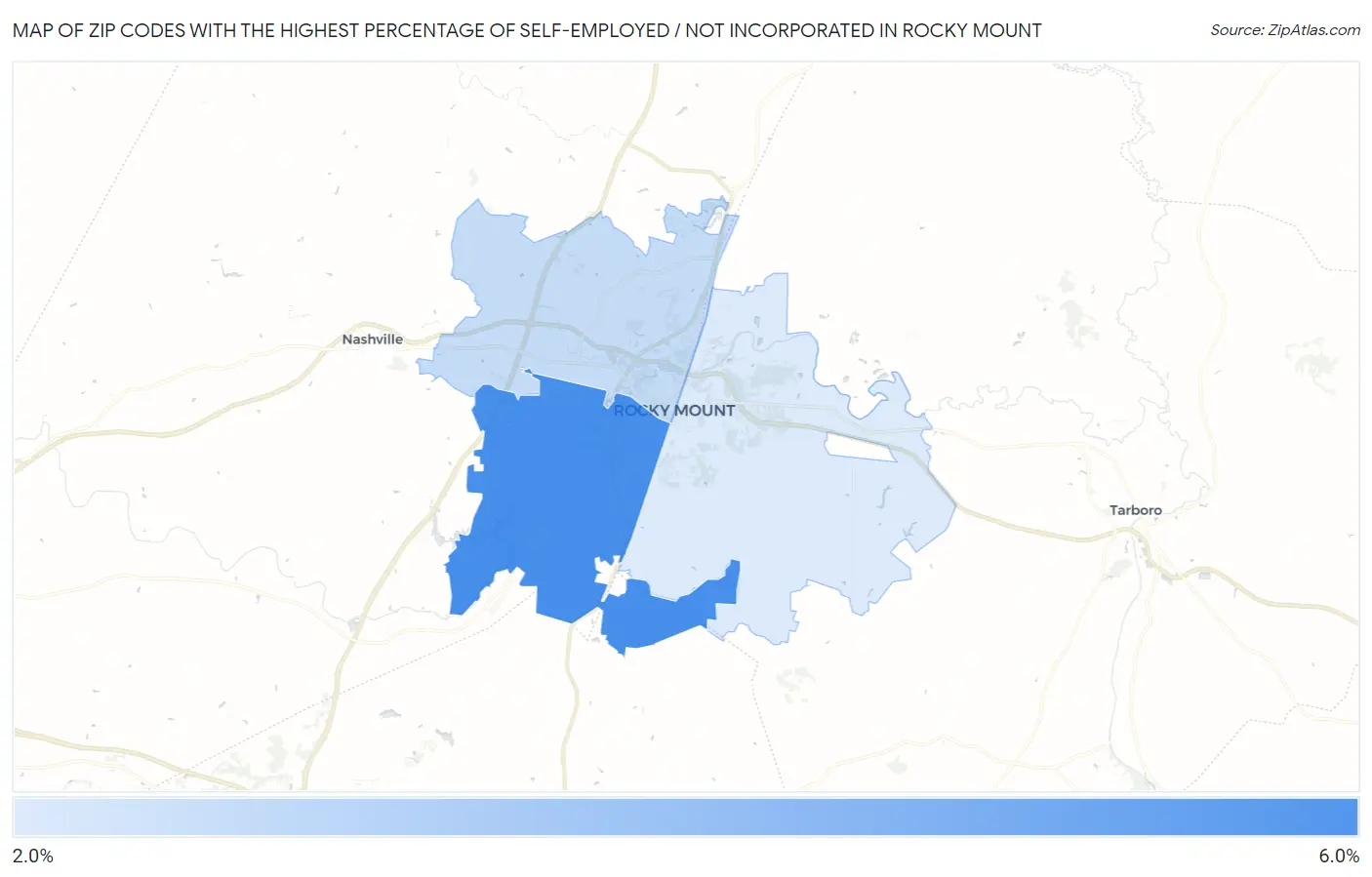 Zip Codes with the Highest Percentage of Self-Employed / Not Incorporated in Rocky Mount Map