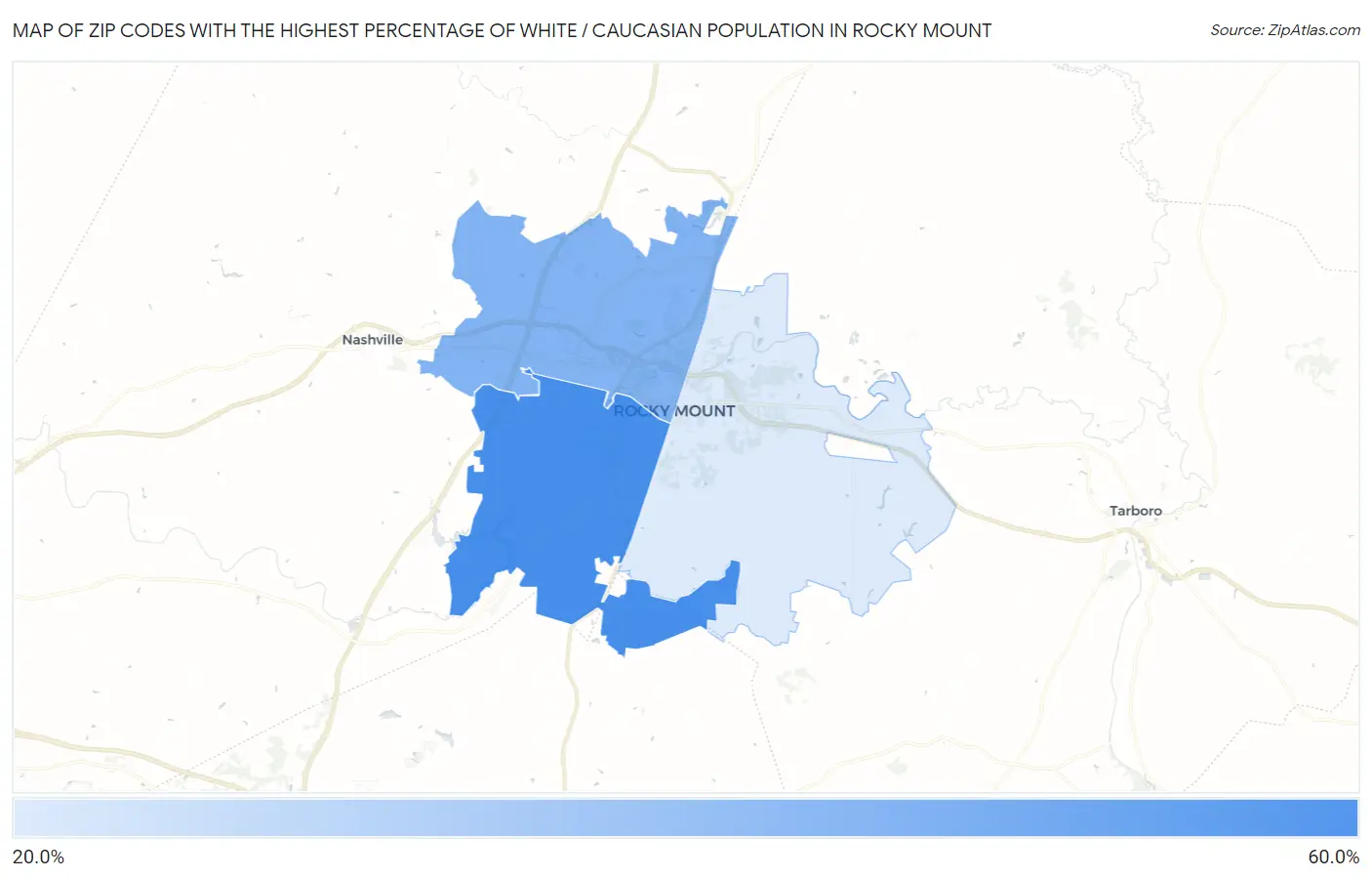 Zip Codes with the Highest Percentage of White / Caucasian Population in Rocky Mount Map