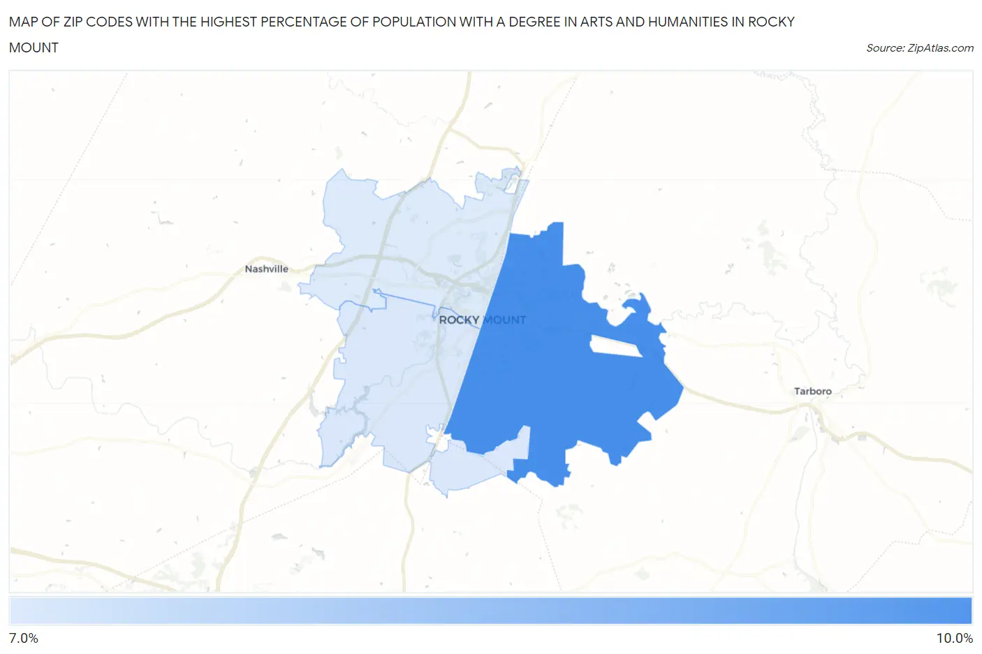 Zip Codes with the Highest Percentage of Population with a Degree in Arts and Humanities in Rocky Mount Map
