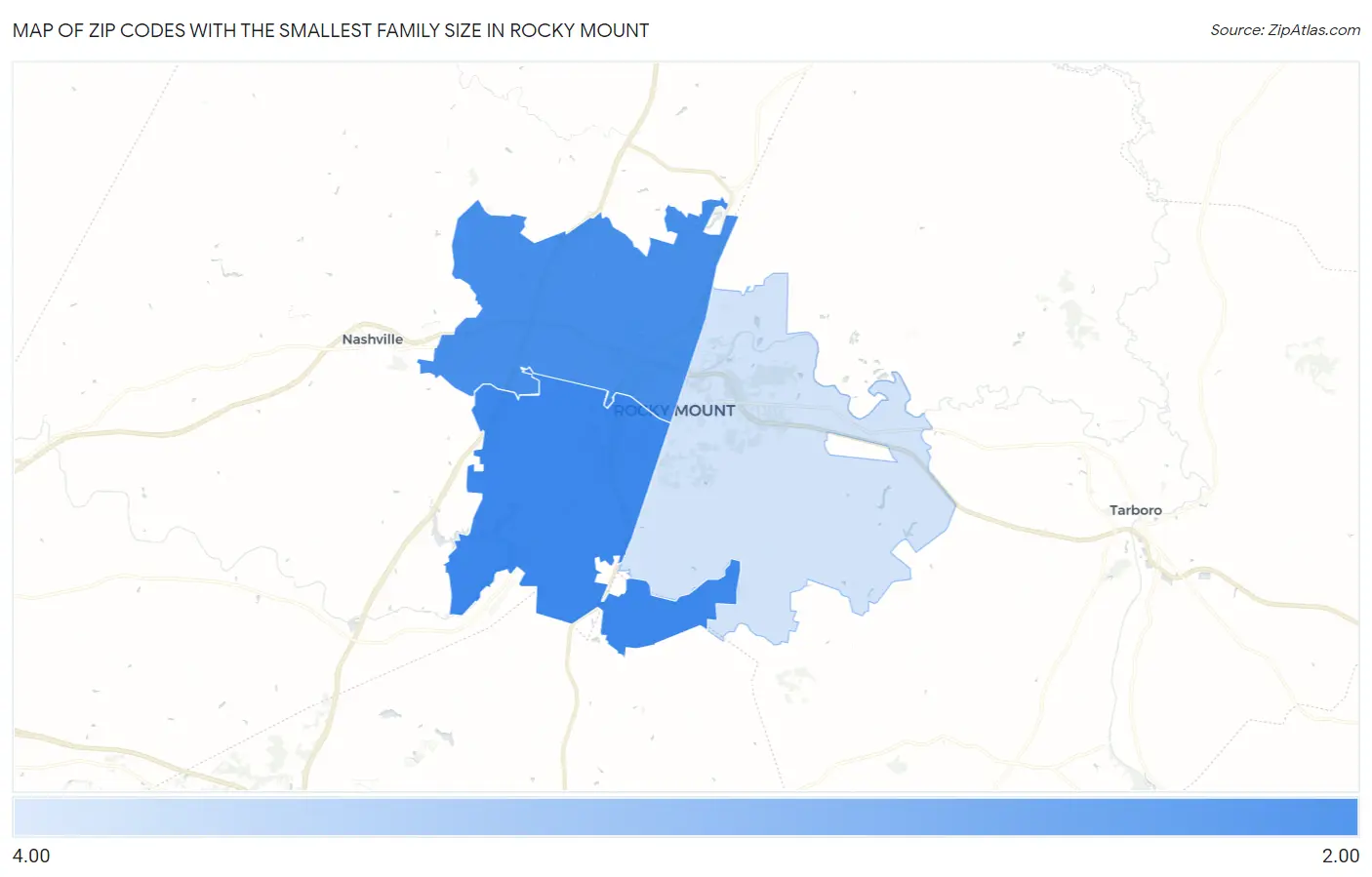 Zip Codes with the Smallest Family Size in Rocky Mount Map