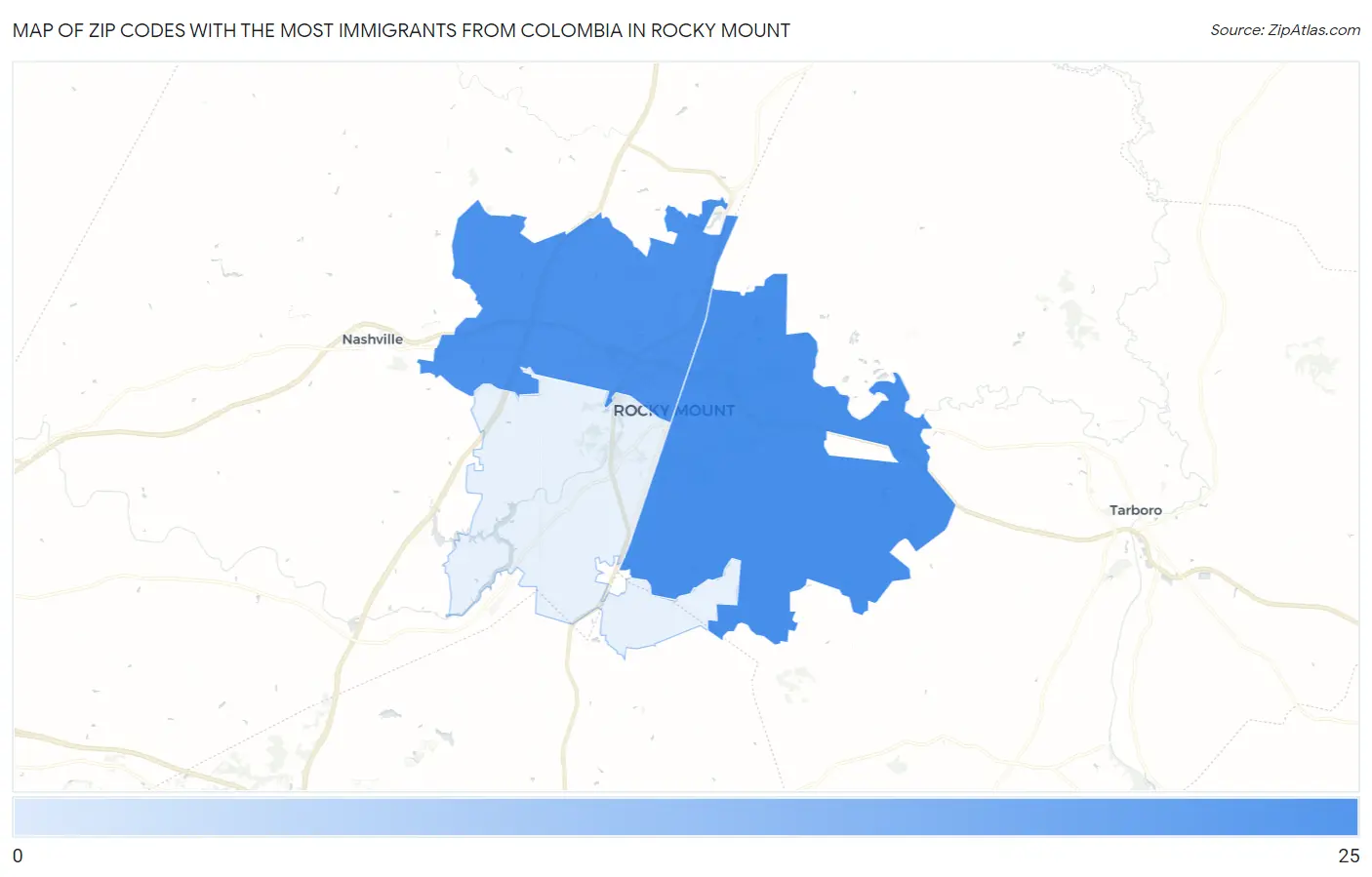 Zip Codes with the Most Immigrants from Colombia in Rocky Mount Map