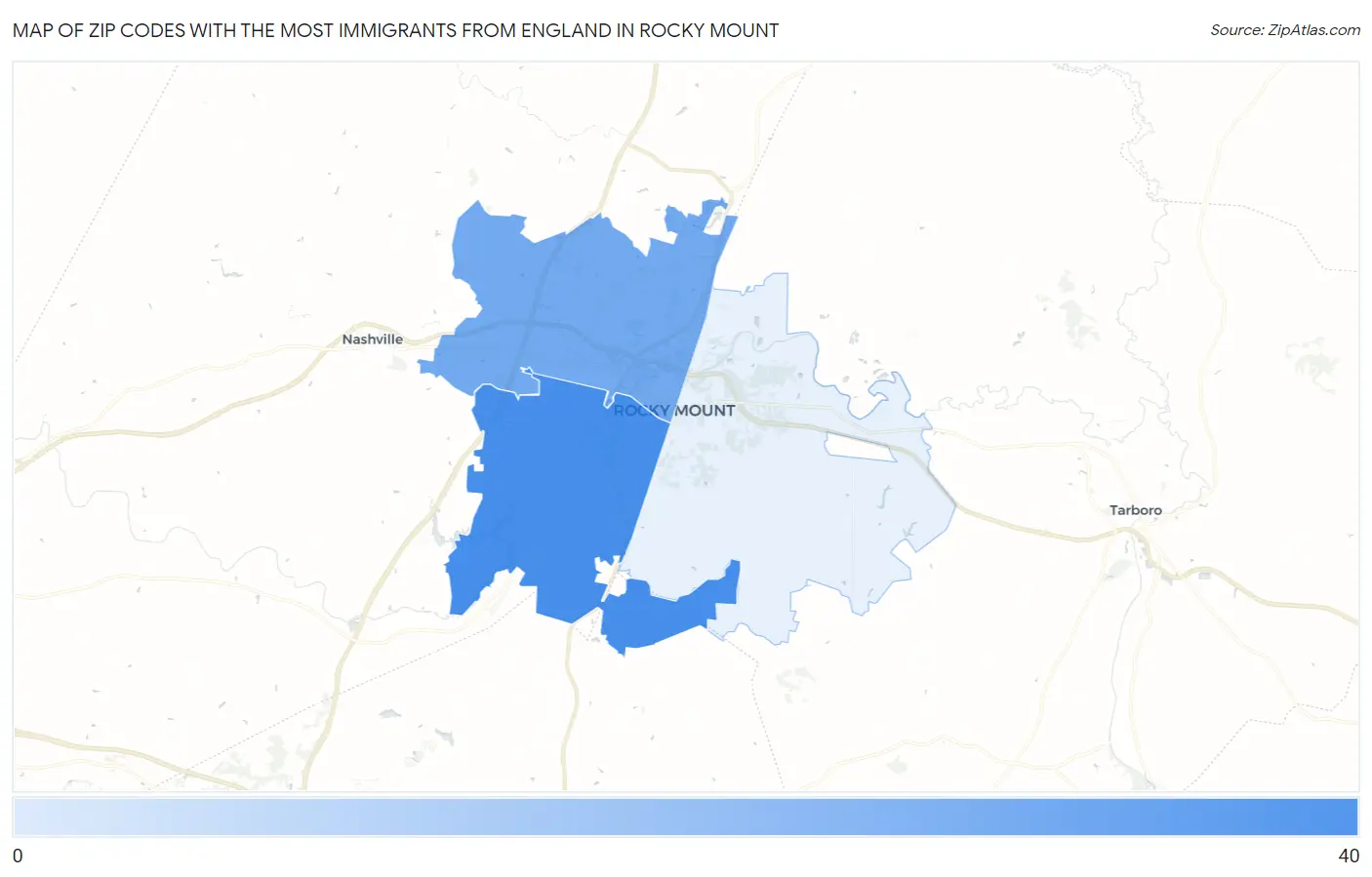 Zip Codes with the Most Immigrants from England in Rocky Mount Map