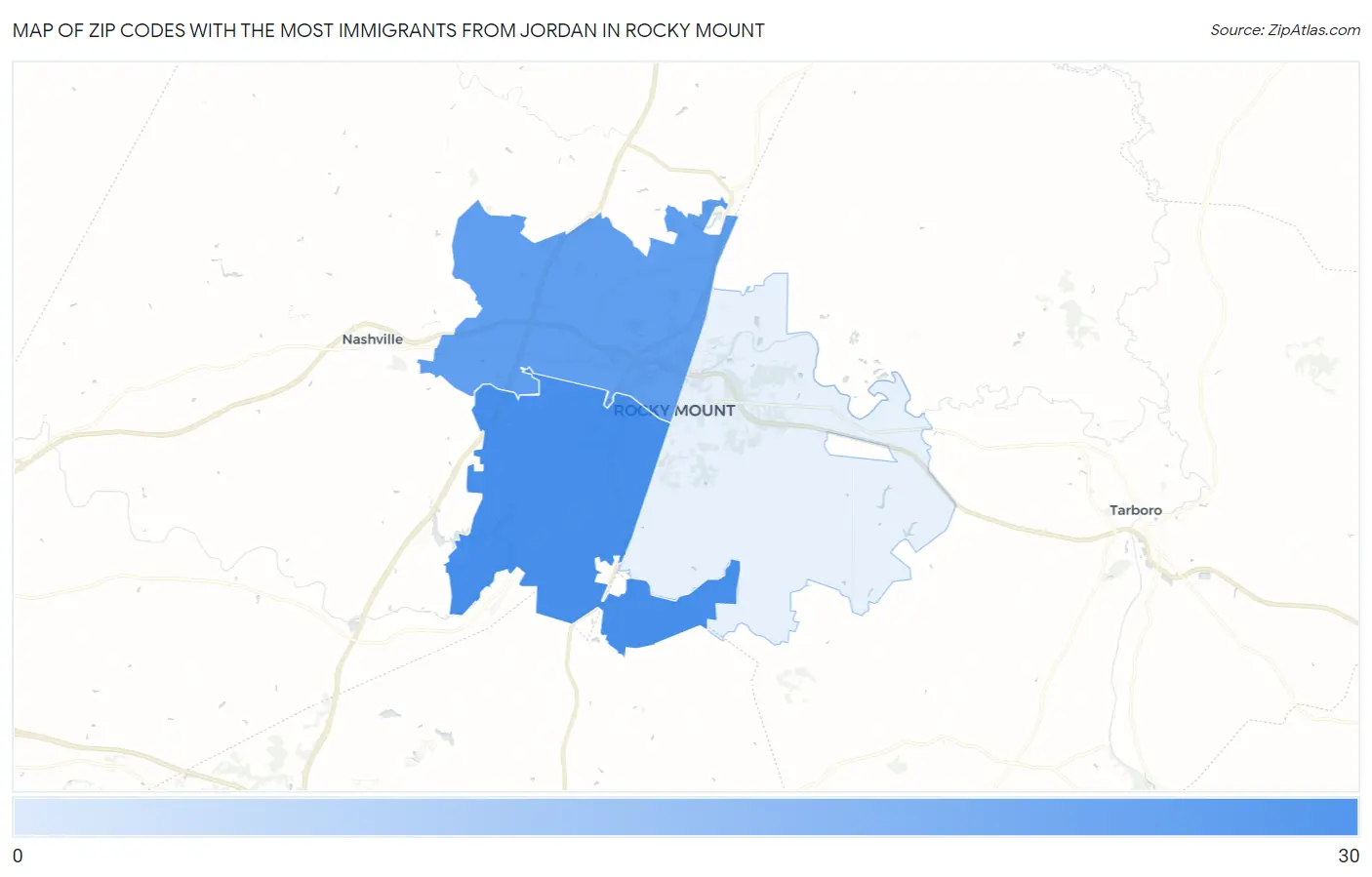 Zip Codes with the Most Immigrants from Jordan in Rocky Mount Map