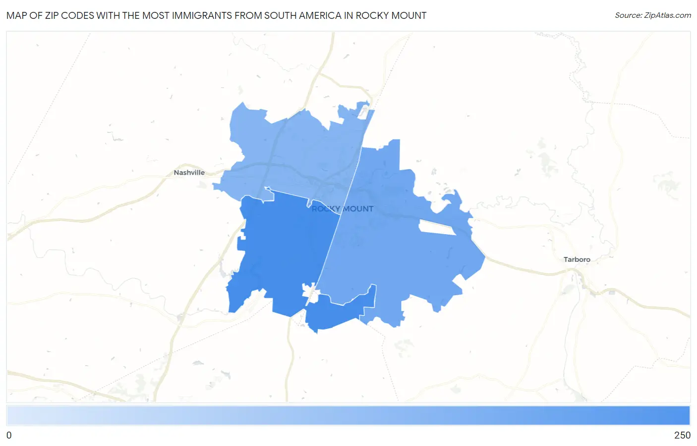 Zip Codes with the Most Immigrants from South America in Rocky Mount Map