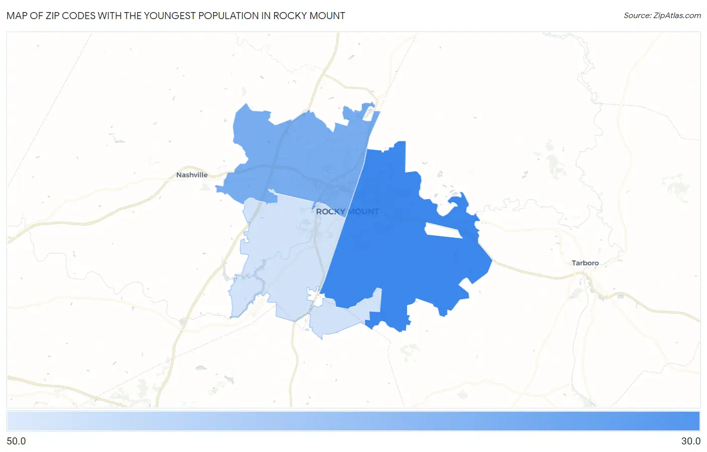 Zip Codes with the Youngest Population in Rocky Mount Map
