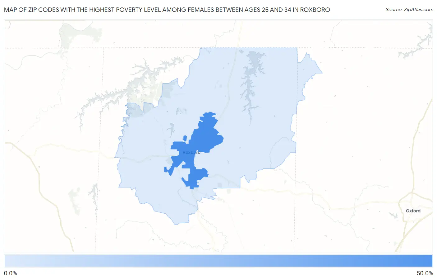 Zip Codes with the Highest Poverty Level Among Females Between Ages 25 and 34 in Roxboro Map