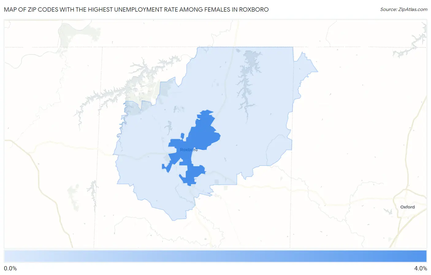 Zip Codes with the Highest Unemployment Rate Among Females in Roxboro Map