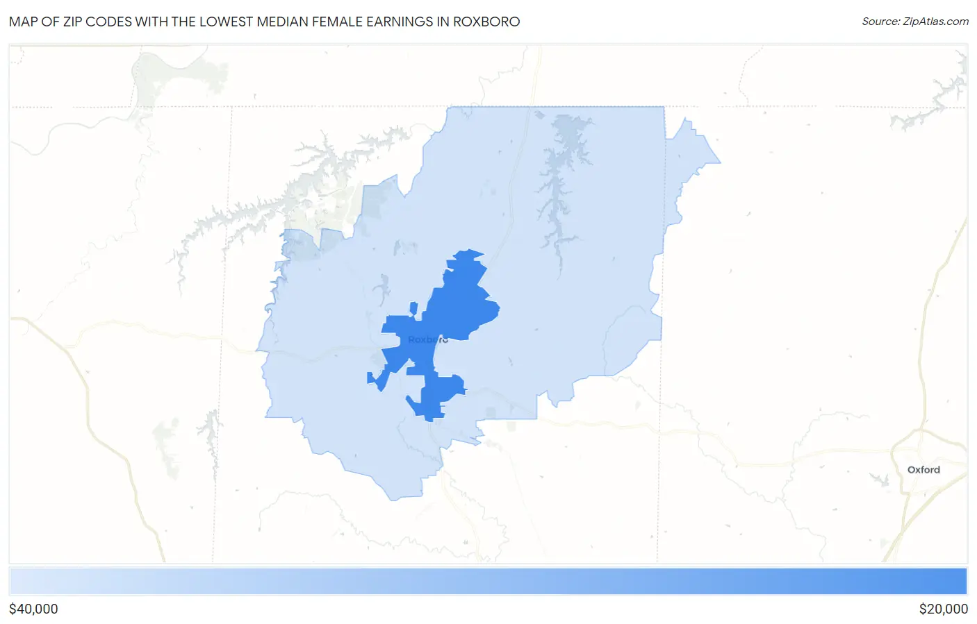 Zip Codes with the Lowest Median Female Earnings in Roxboro Map