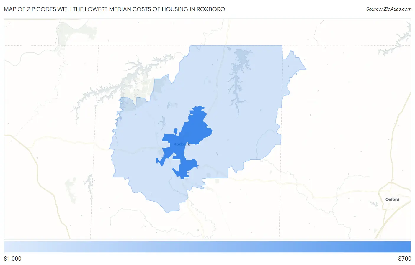 Zip Codes with the Lowest Median Costs of Housing in Roxboro Map