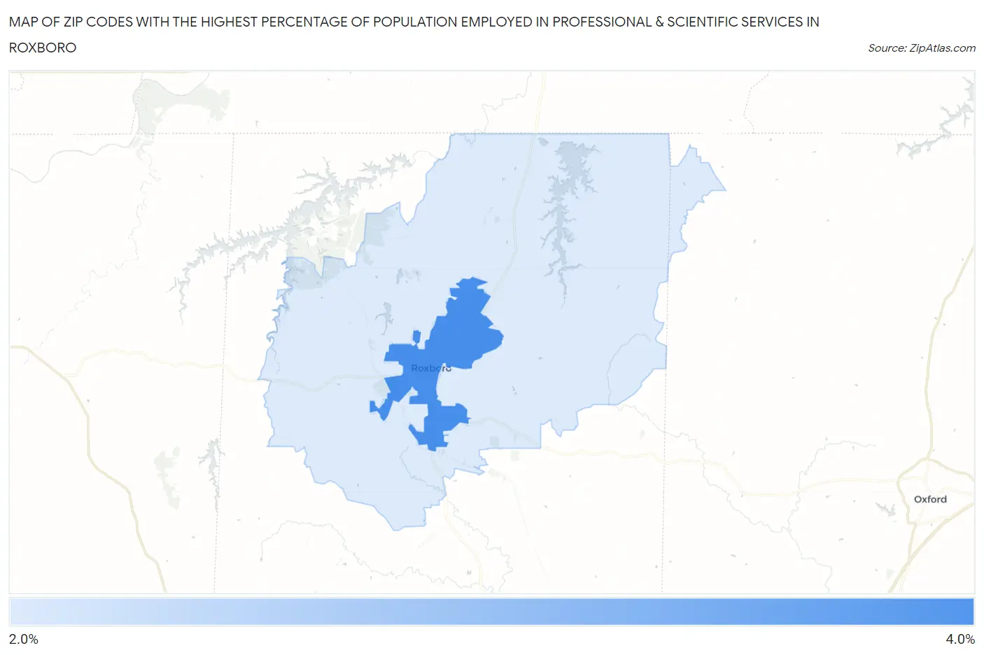 Zip Codes with the Highest Percentage of Population Employed in Professional & Scientific Services in Roxboro Map