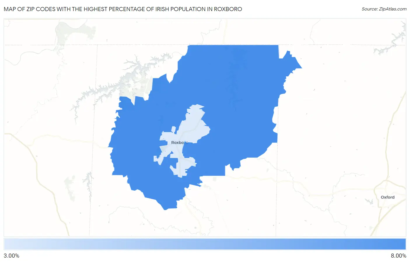 Zip Codes with the Highest Percentage of Irish Population in Roxboro Map