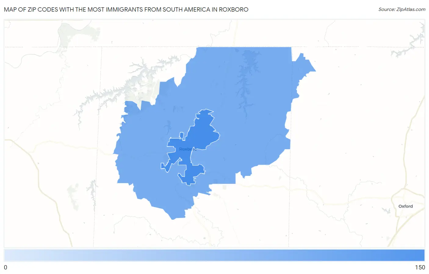Zip Codes with the Most Immigrants from South America in Roxboro Map