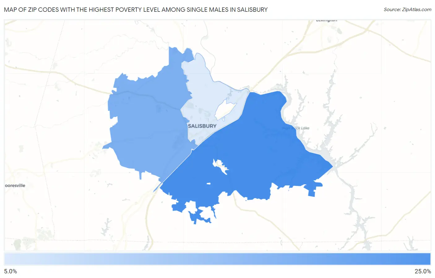 Zip Codes with the Highest Poverty Level Among Single Males in Salisbury Map