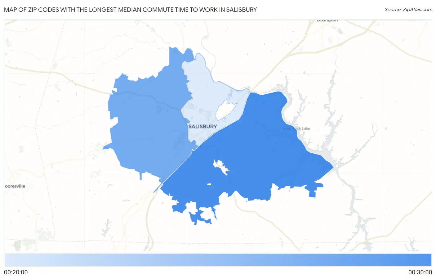 Zip Codes with the Longest Median Commute Time to Work in Salisbury Map