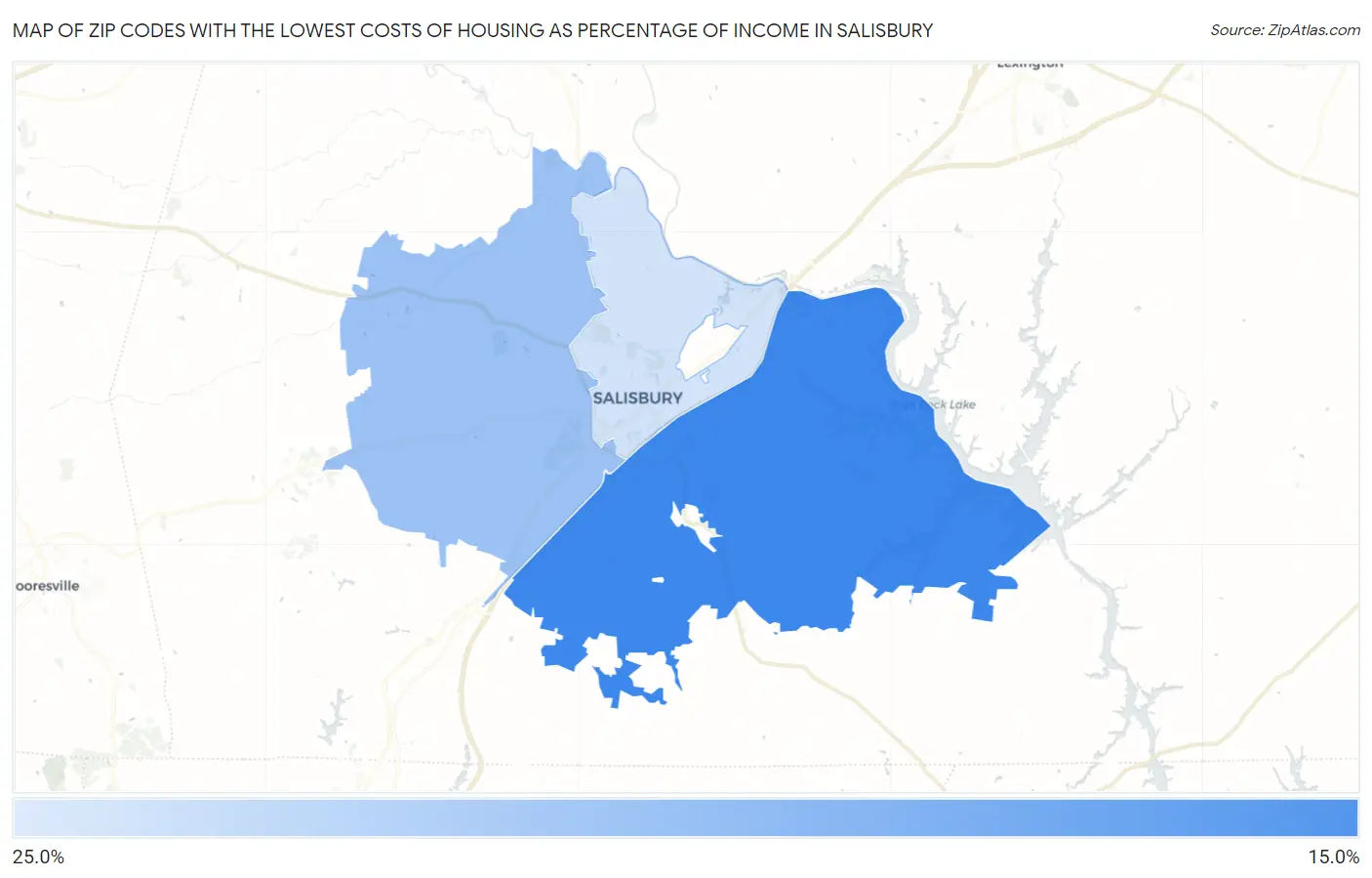 Zip Codes with the Lowest Costs of Housing as Percentage of Income in Salisbury Map