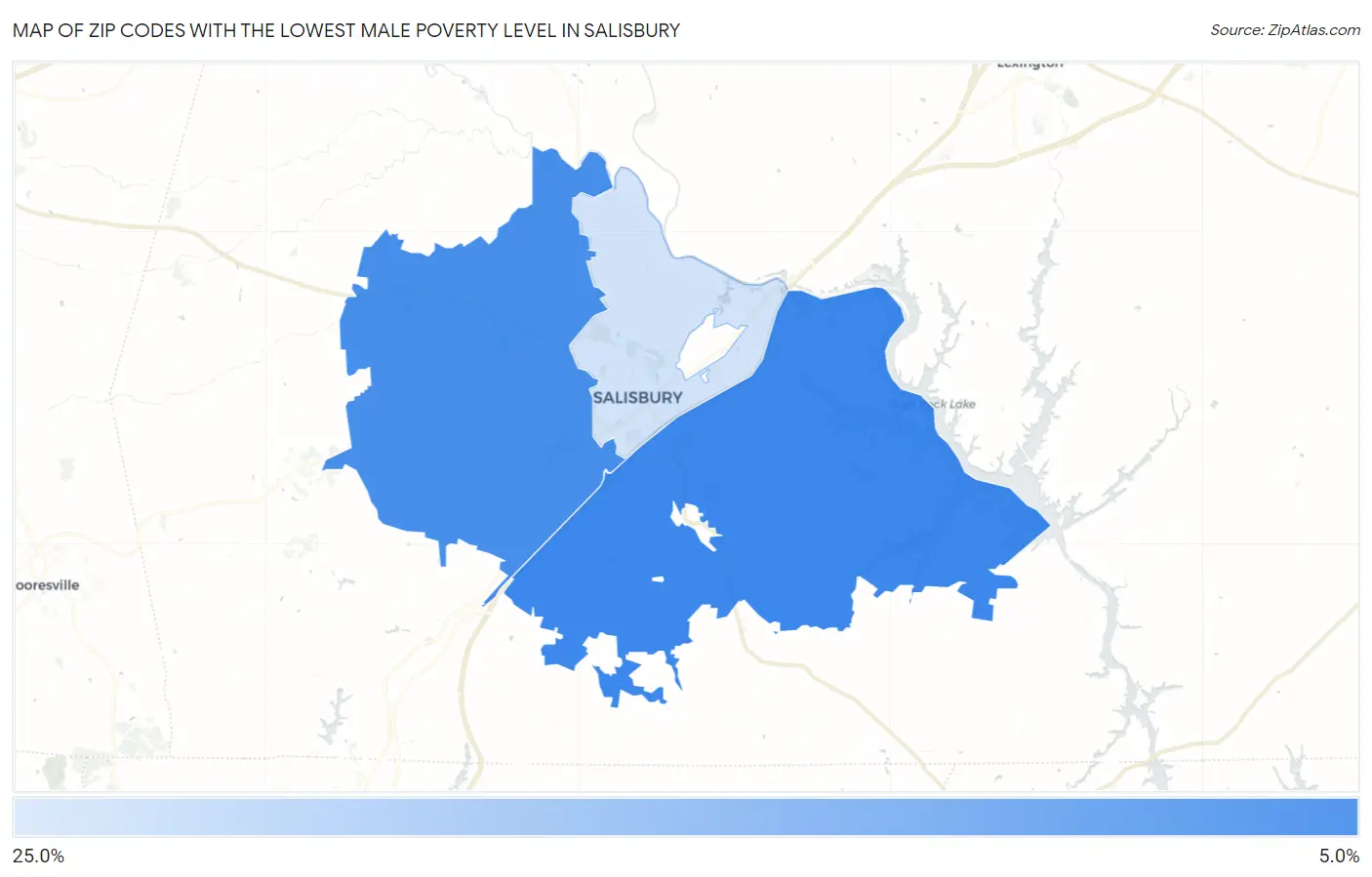 Zip Codes with the Lowest Male Poverty Level in Salisbury Map