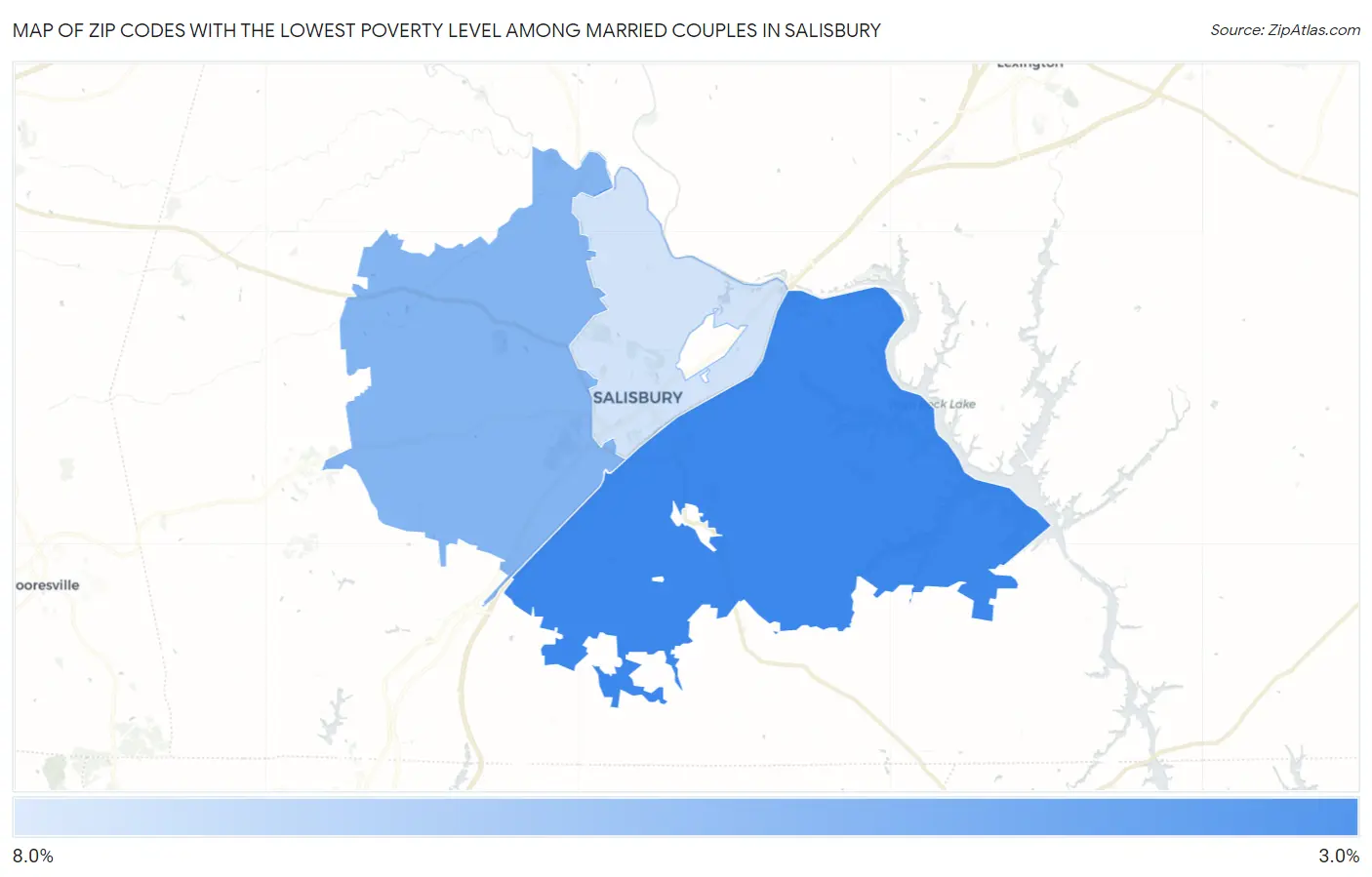 Zip Codes with the Lowest Poverty Level Among Married Couples in Salisbury Map