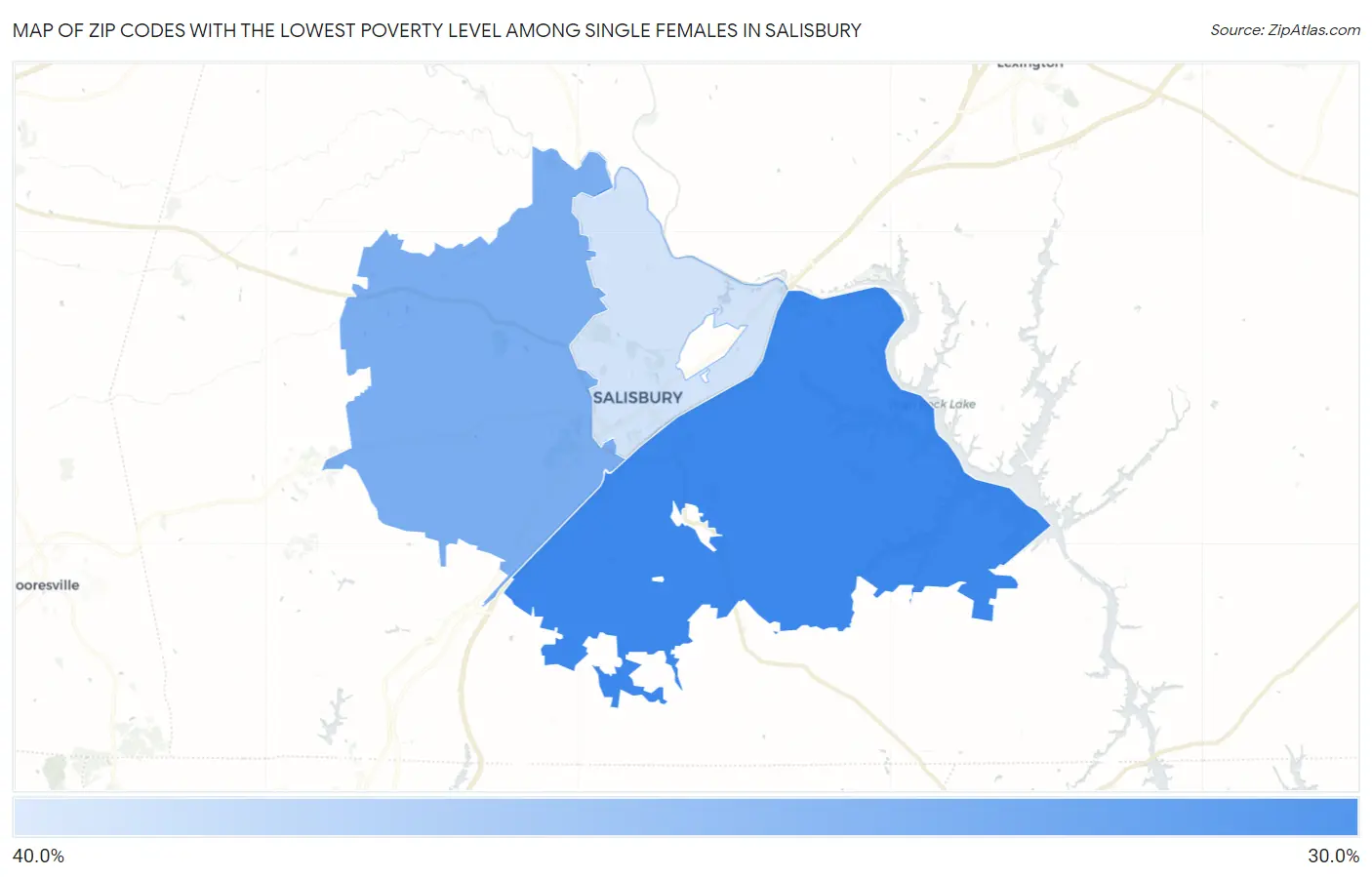Zip Codes with the Lowest Poverty Level Among Single Females in Salisbury Map
