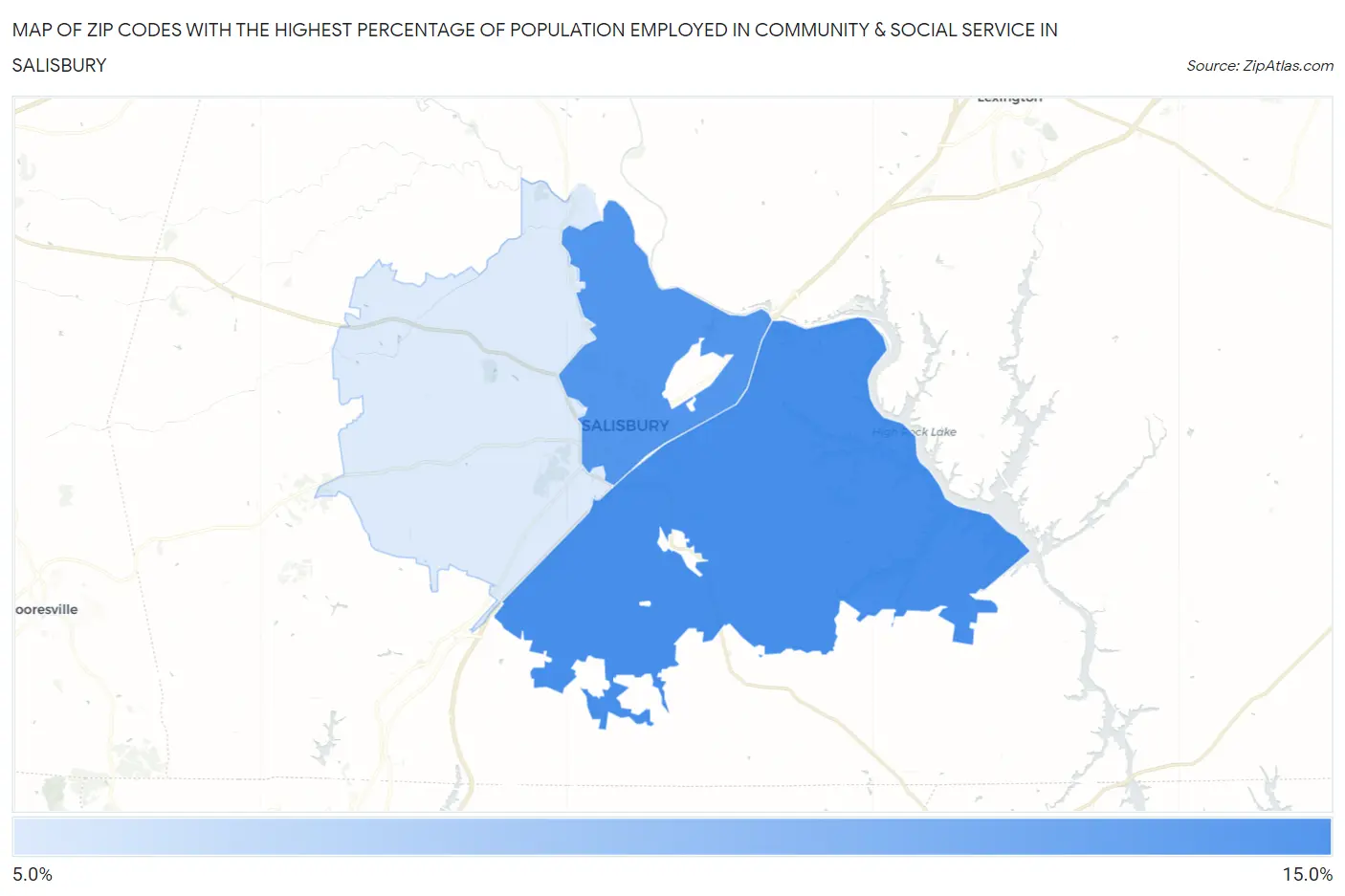 Zip Codes with the Highest Percentage of Population Employed in Community & Social Service  in Salisbury Map