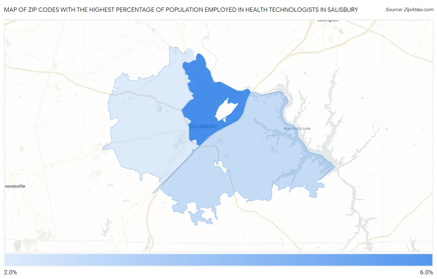 Zip Codes with the Highest Percentage of Population Employed in Health Technologists in Salisbury Map