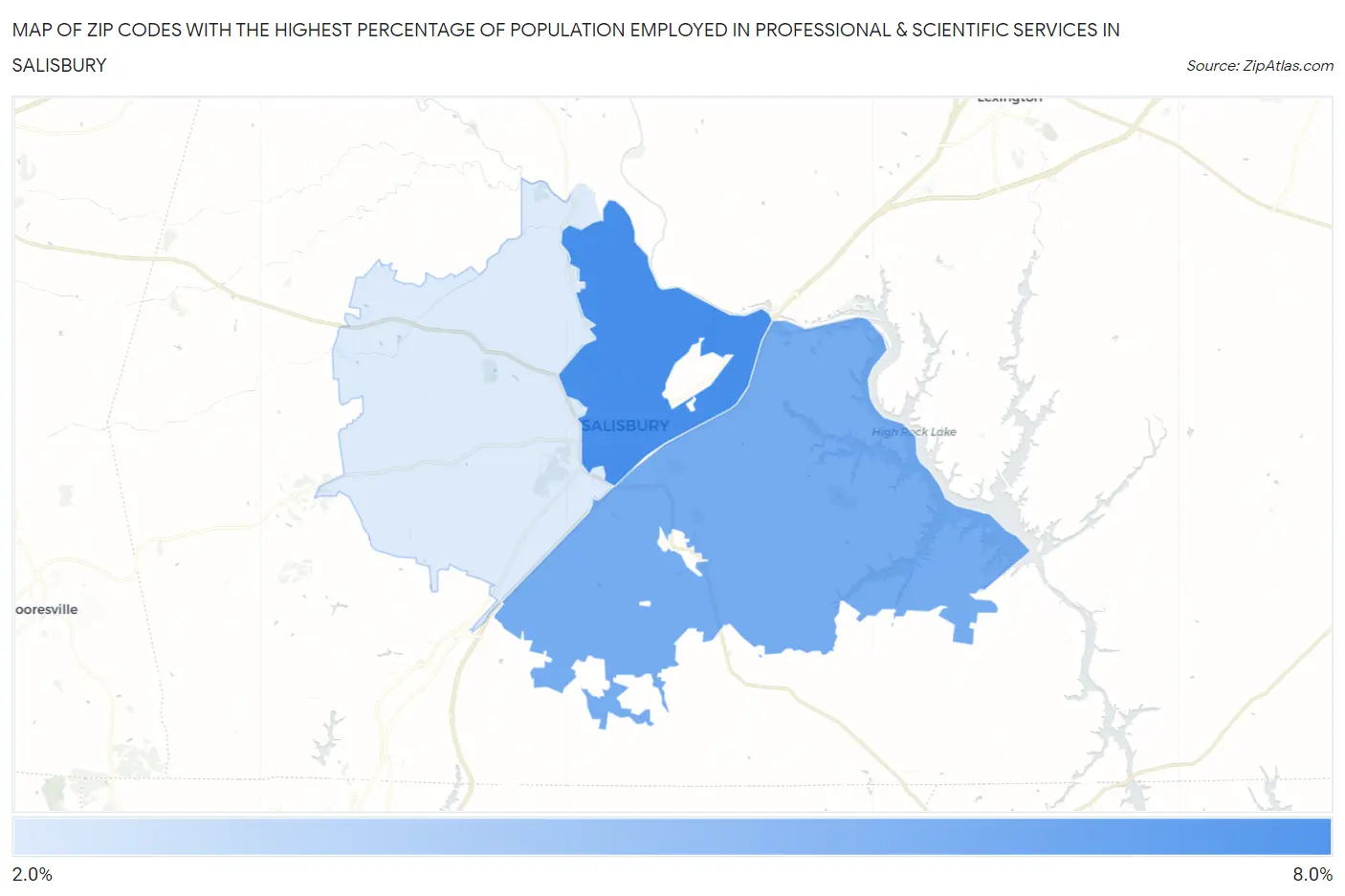 Zip Codes with the Highest Percentage of Population Employed in Professional & Scientific Services in Salisbury Map