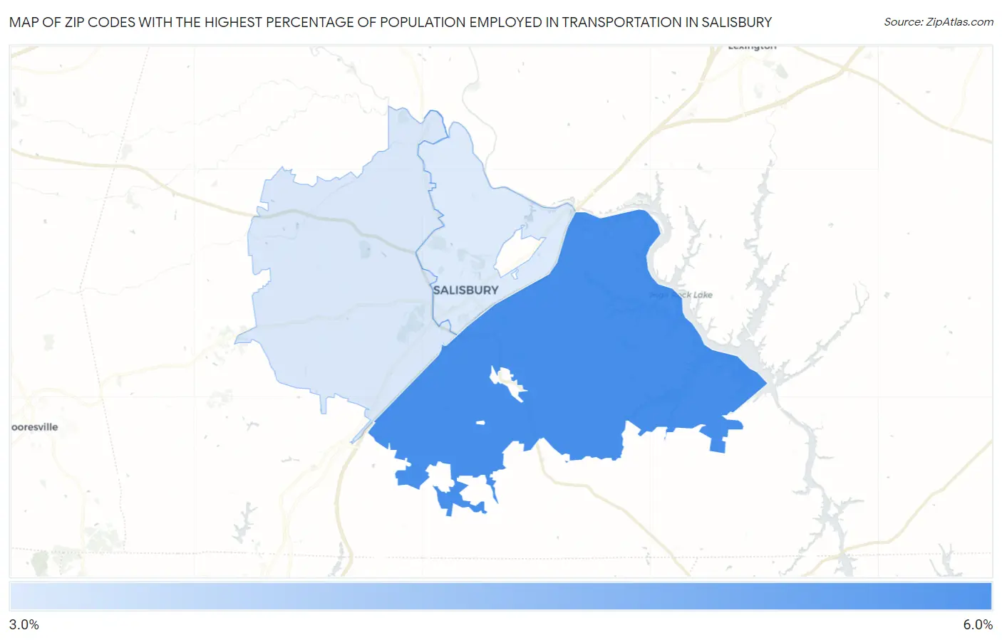 Zip Codes with the Highest Percentage of Population Employed in Transportation in Salisbury Map
