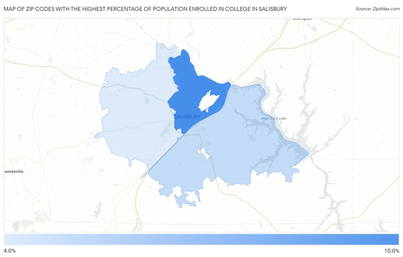Zip Codes with the Highest Percentage of Population Enrolled in College in Salisbury Map