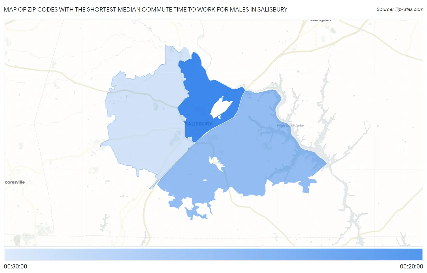 Zip Codes with the Shortest Median Commute Time to Work for Males in Salisbury Map
