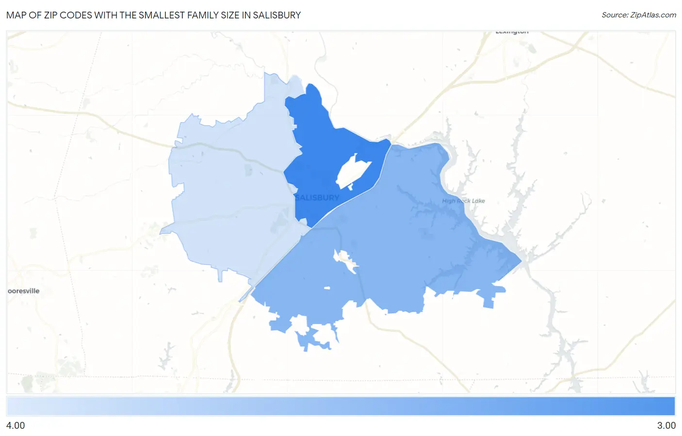 Zip Codes with the Smallest Family Size in Salisbury Map