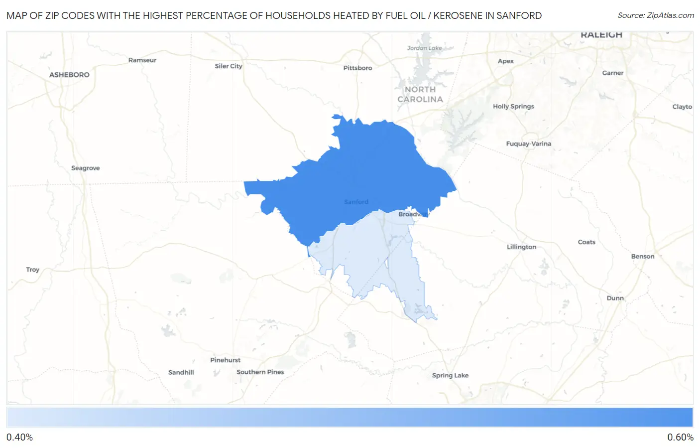 Zip Codes with the Highest Percentage of Households Heated by Fuel Oil / Kerosene in Sanford Map