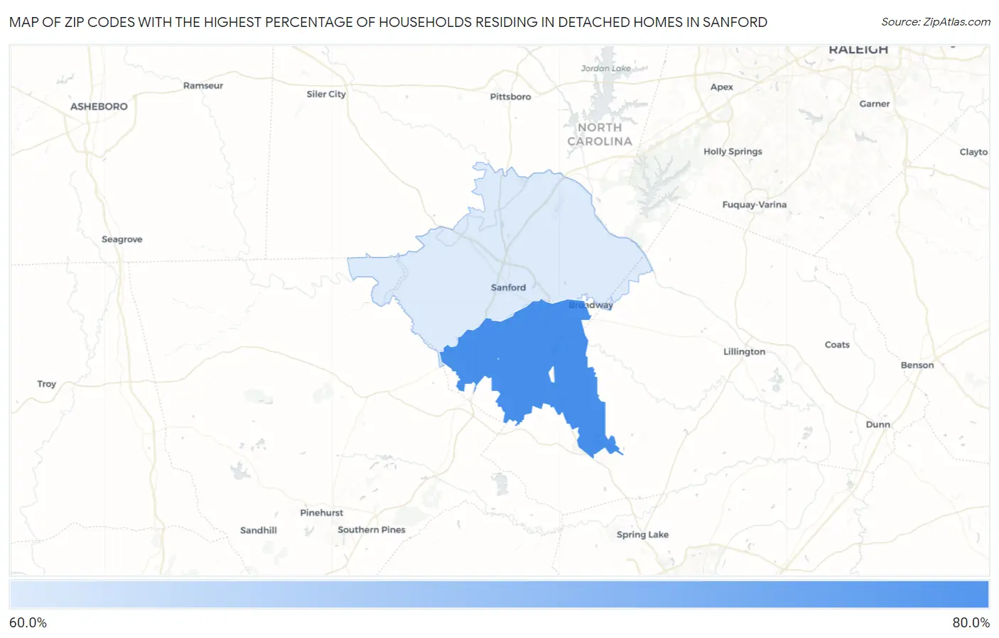 Zip Codes with the Highest Percentage of Households Residing in Detached Homes in Sanford Map