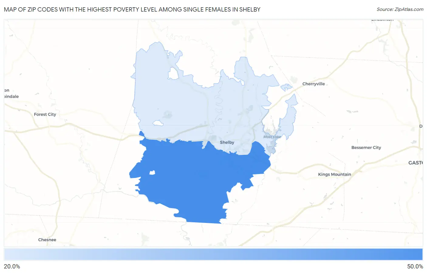 Zip Codes with the Highest Poverty Level Among Single Females in Shelby Map