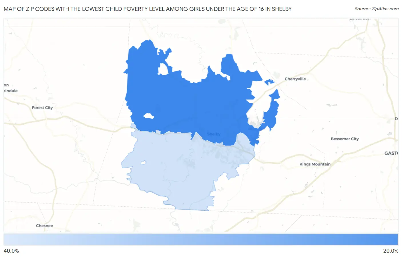 Zip Codes with the Lowest Child Poverty Level Among Girls Under the Age of 16 in Shelby Map