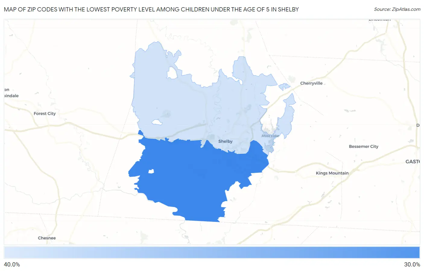 Zip Codes with the Lowest Poverty Level Among Children Under the Age of 5 in Shelby Map