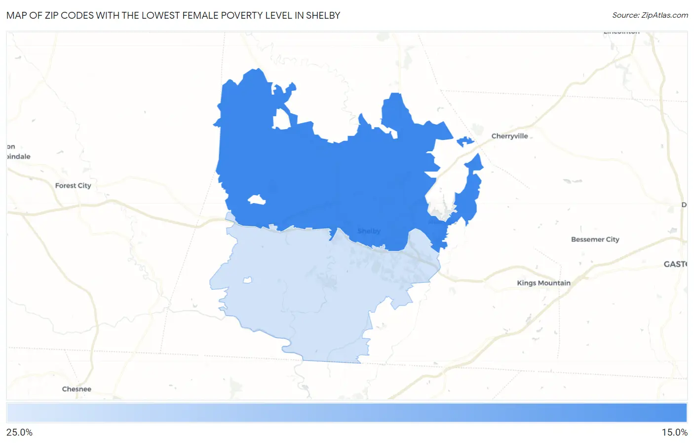 Zip Codes with the Lowest Female Poverty Level in Shelby Map