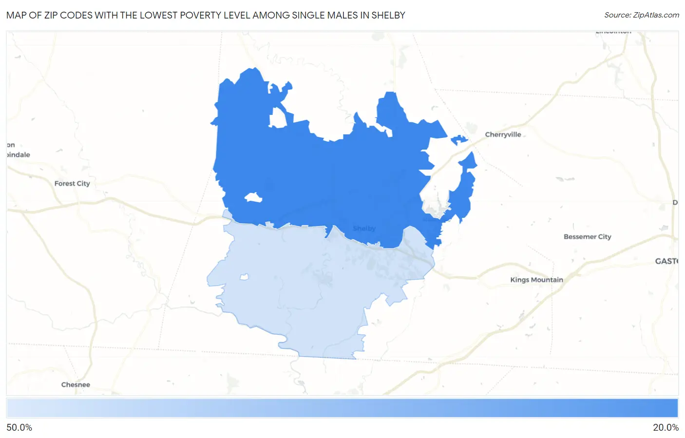 Zip Codes with the Lowest Poverty Level Among Single Males in Shelby Map