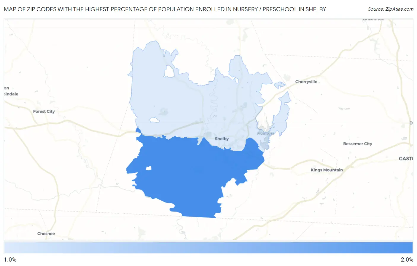 Zip Codes with the Highest Percentage of Population Enrolled in Nursery / Preschool in Shelby Map