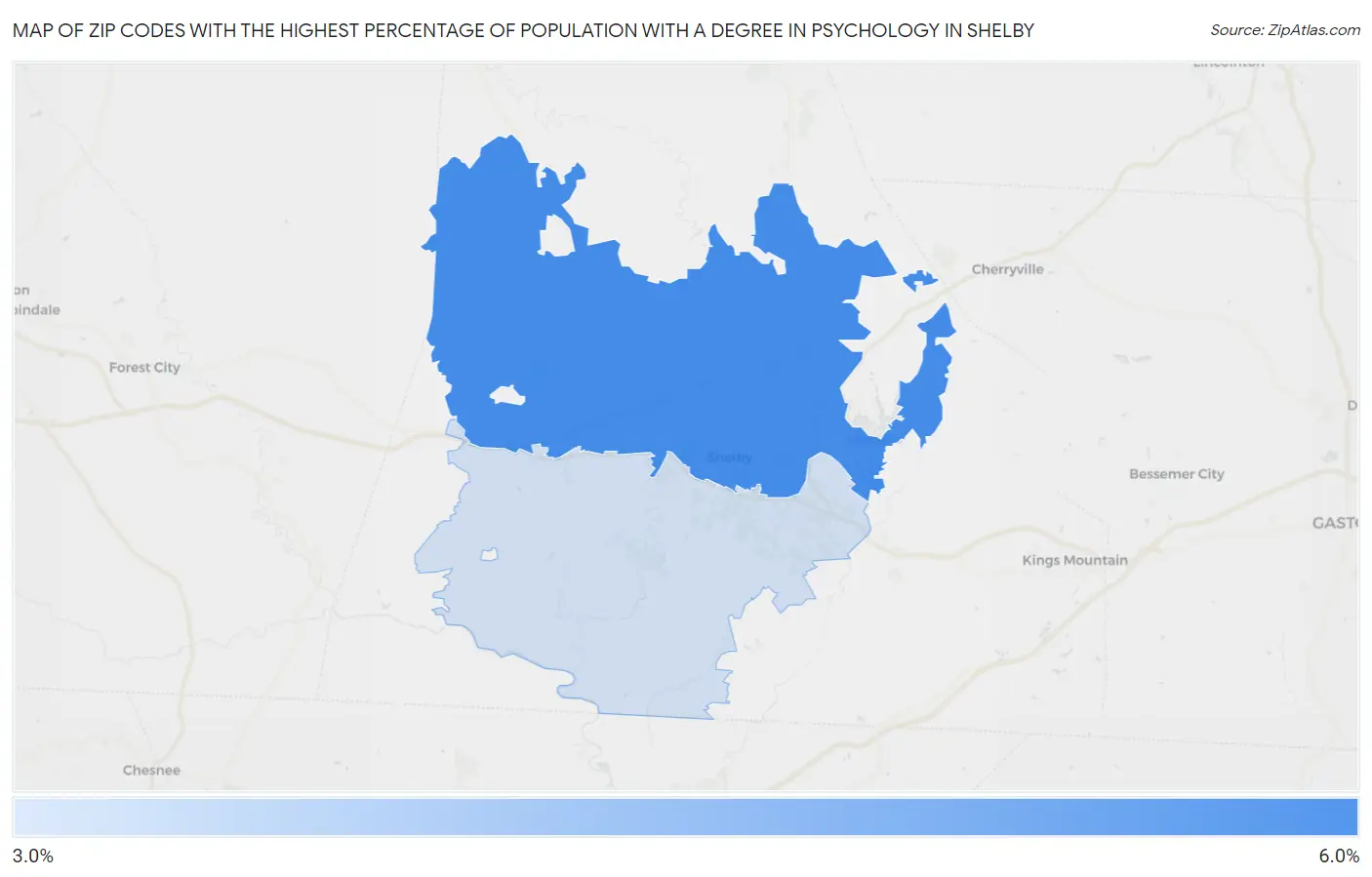 Zip Codes with the Highest Percentage of Population with a Degree in Psychology in Shelby Map