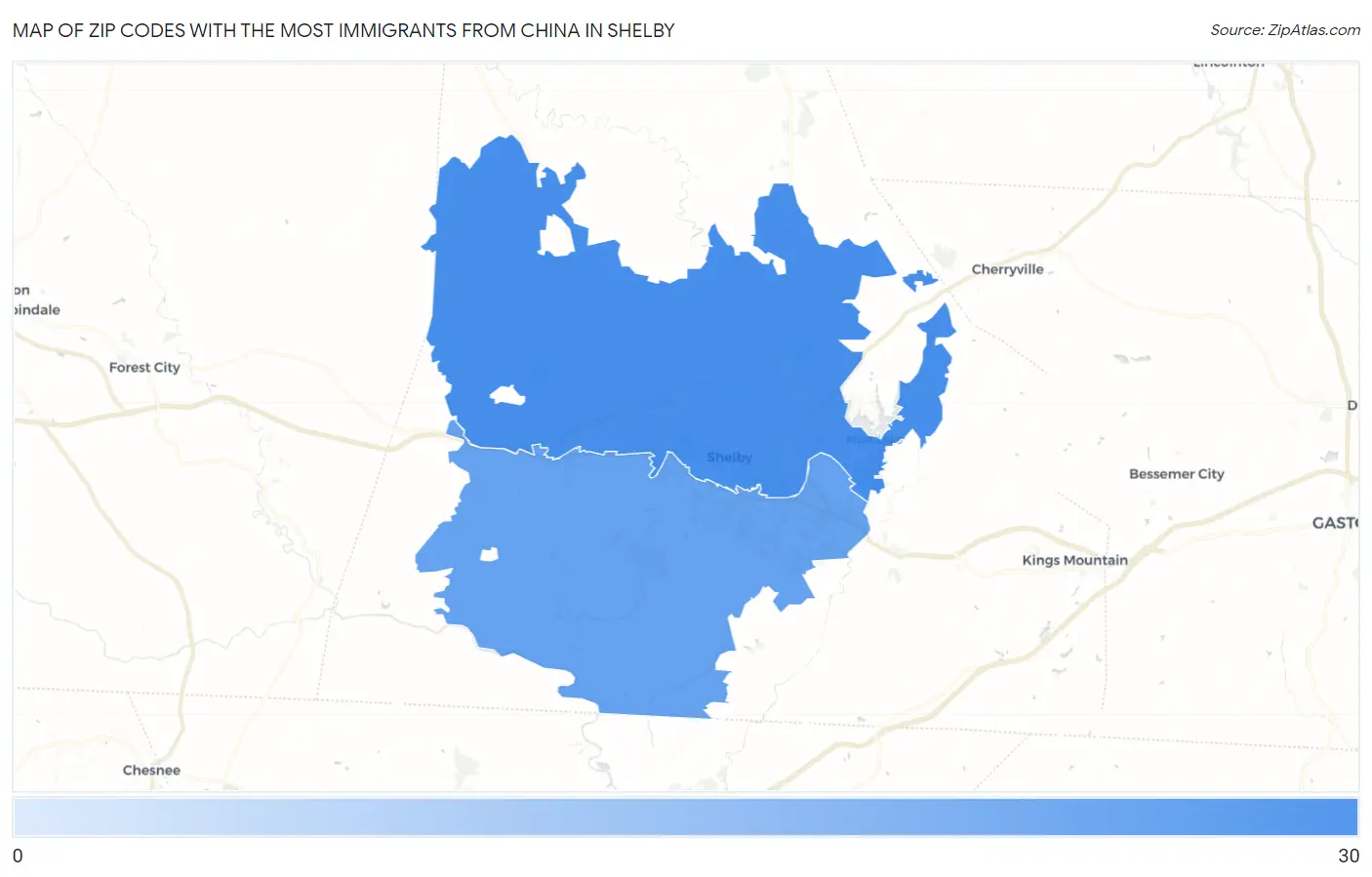 Zip Codes with the Most Immigrants from China in Shelby Map
