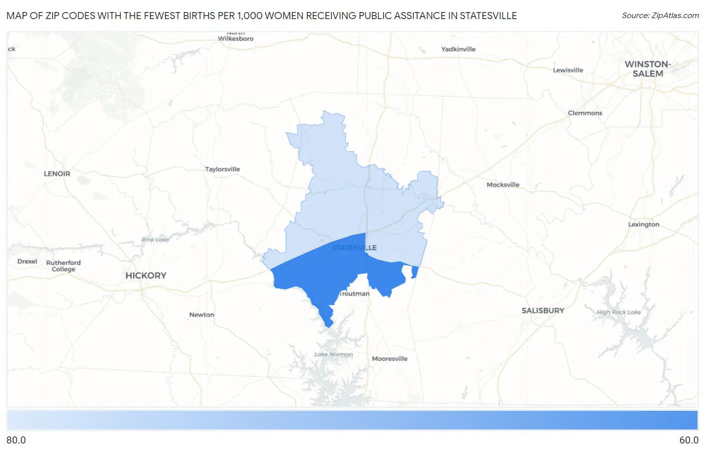 Zip Codes with the Fewest Births per 1,000 Women Receiving Public Assitance in Statesville Map