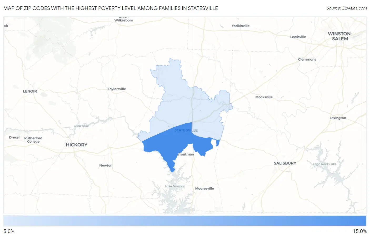 Zip Codes with the Highest Poverty Level Among Families in Statesville Map