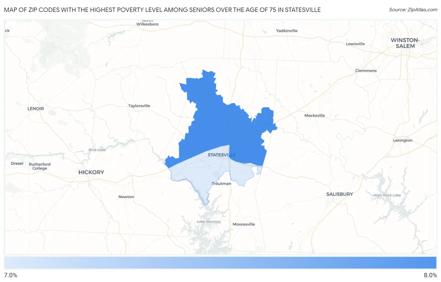 Zip Codes with the Highest Poverty Level Among Seniors Over the Age of 75 in Statesville Map