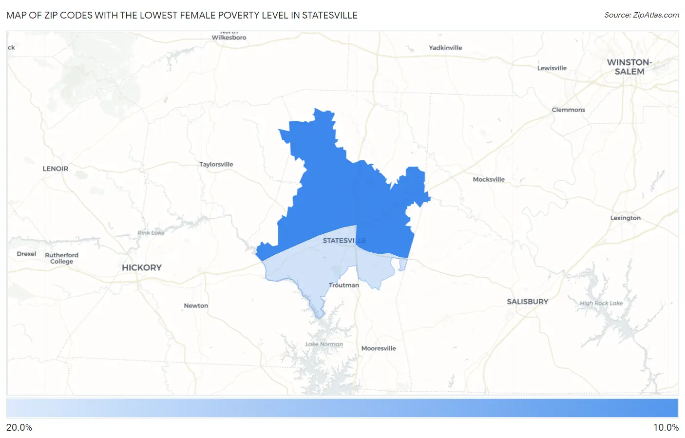 Zip Codes with the Lowest Female Poverty Level in Statesville Map