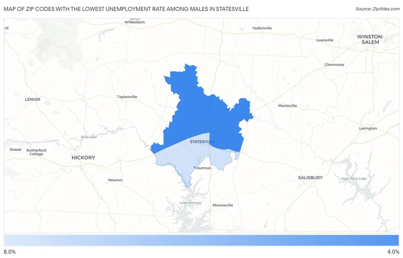 Zip Codes with the Lowest Unemployment Rate Among Males in Statesville Map